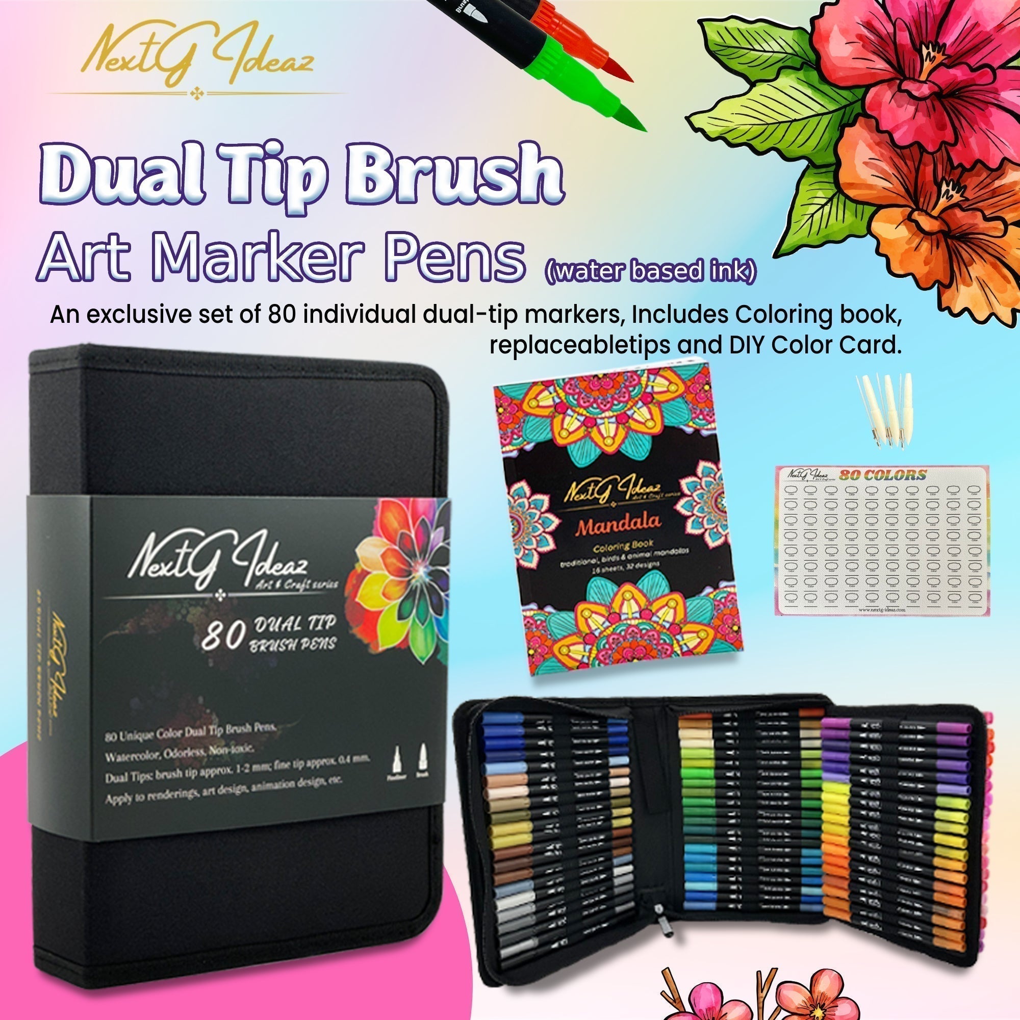 NextG Ideaz Dual Tip Brush Art Marker Pens - 80 Unique Color Pens NextG Ideaz