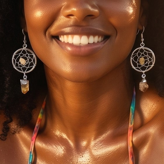DreamCatcher Earrings Pair (Citrine Crystal)(Silver Plated)(Stainless Steel Hooks) Amazing Crystals