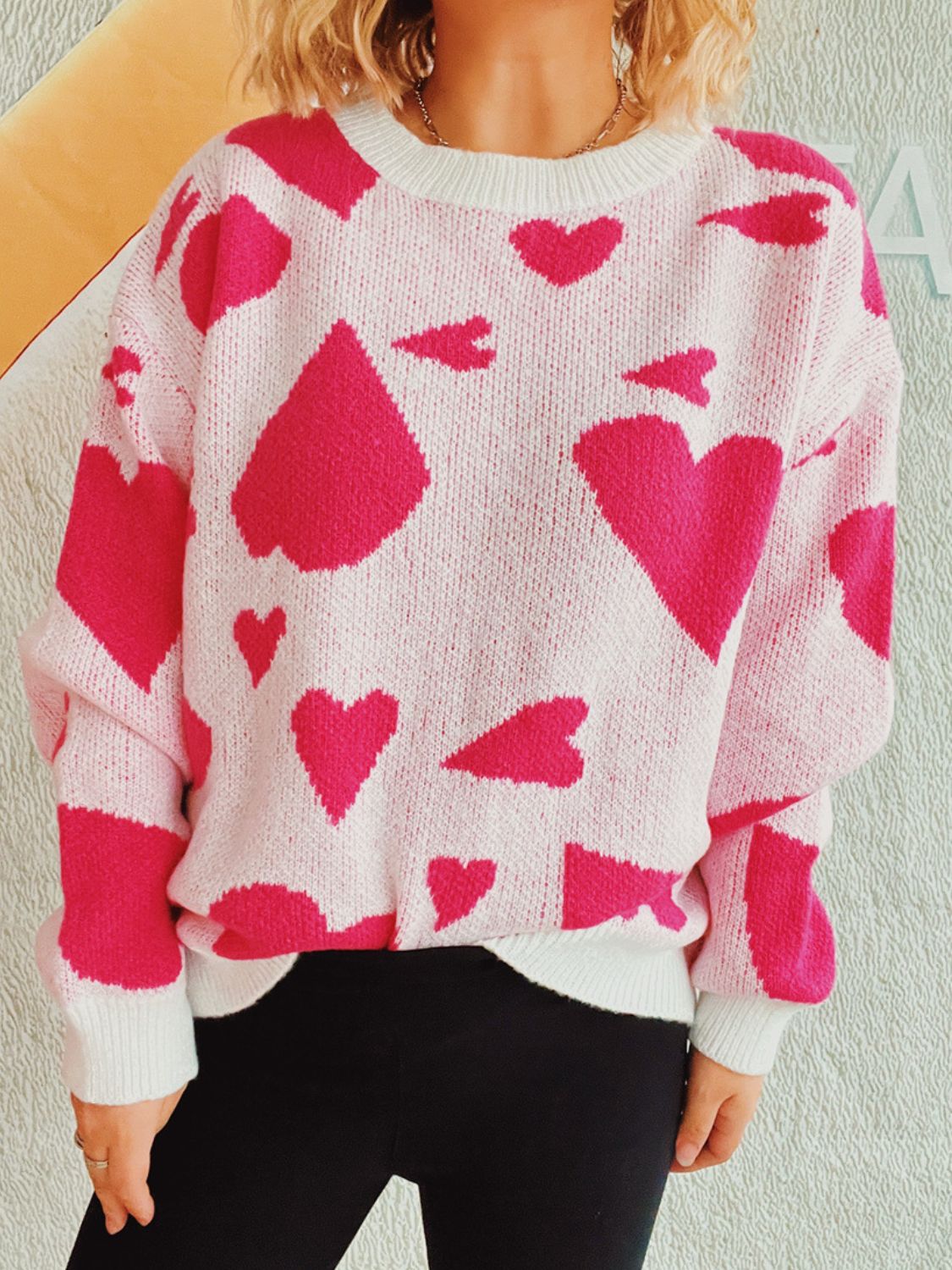 Heart Round Neck Long Sleeve Sweater