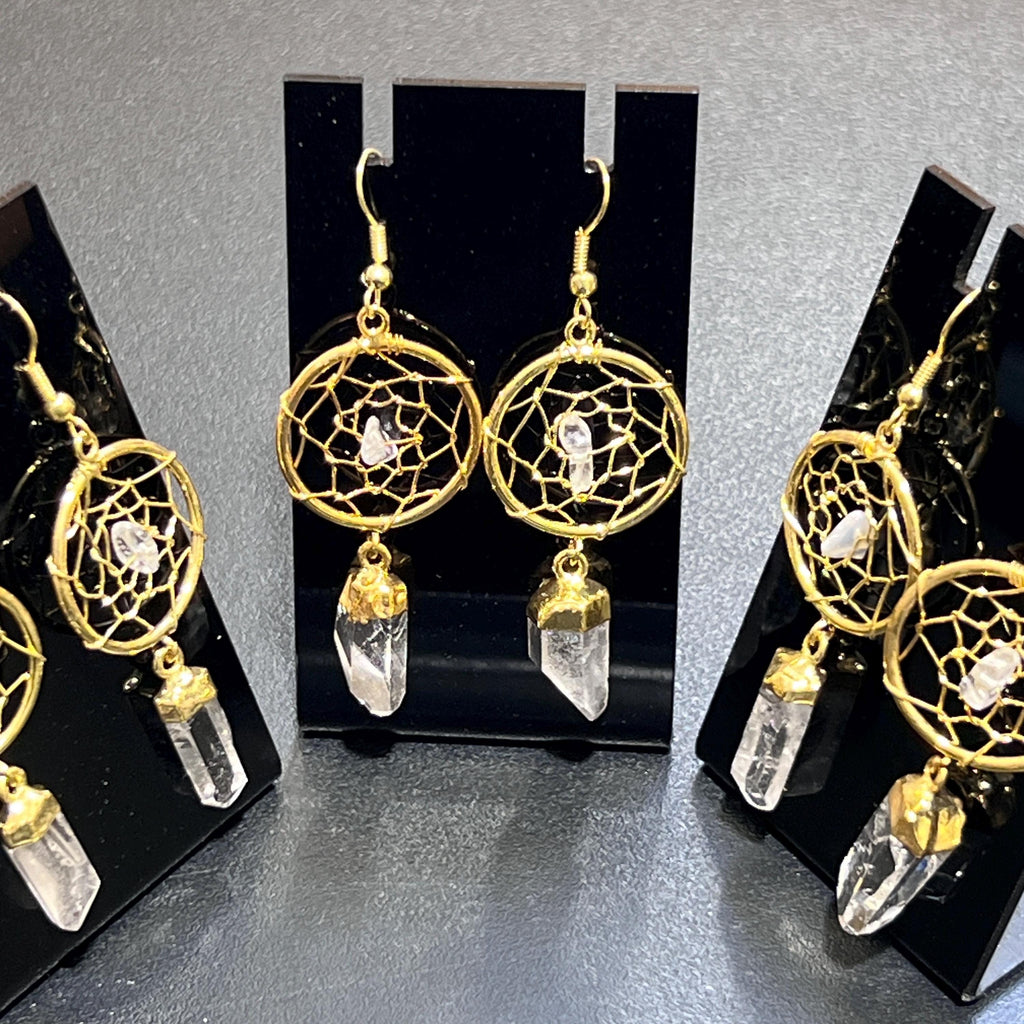 DreamCatcher Earrings Pair (Quartz Crystal)(Gold Plated)(Stainless Steel Hooks) Gemstone Jewelry Supply Amazing Crystals