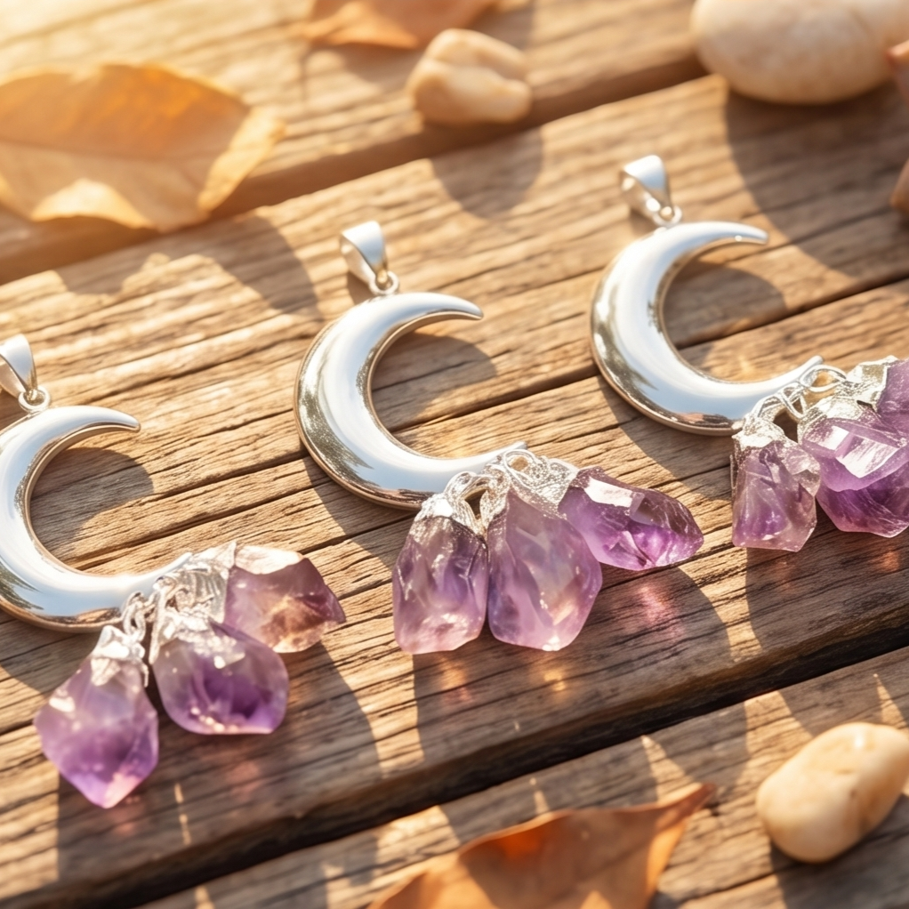 Amethyst Crystal Crescent Moon Pendant (Silver Plated) Amazing Crystals