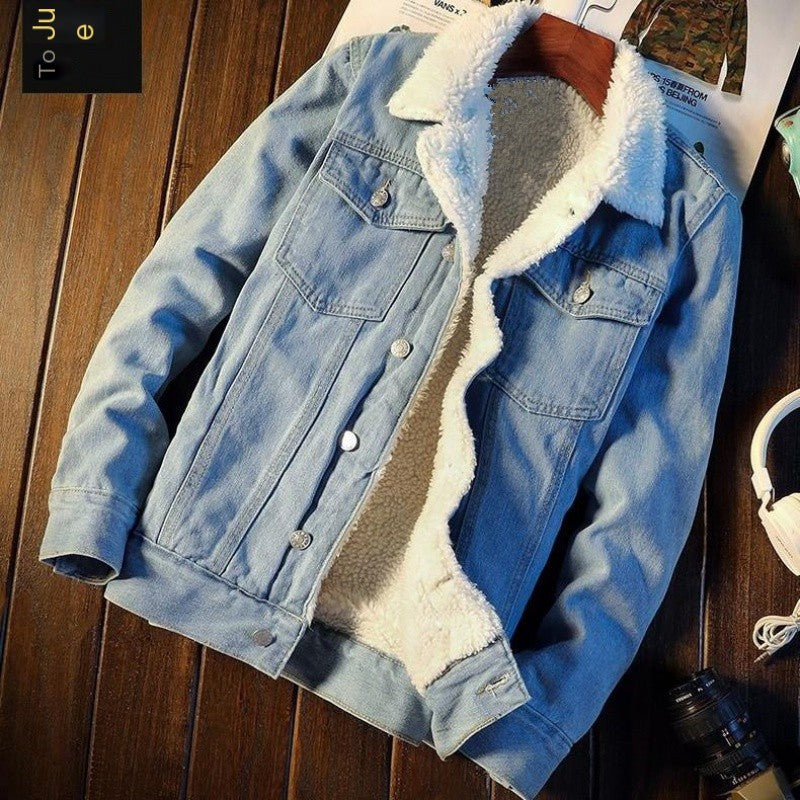 Winter fleece denim jacket men's thickened warm sherpa denim jacket autumn and winter loose and large Fashionable cotton padded clothes