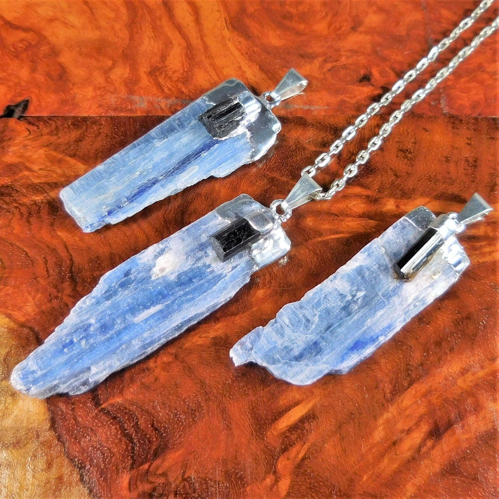 Blue Kyanite & Tourmaline Crystal Pendant (Silver Plated) Gemstone Jewelry Necklace Charm Supply Amazing Crystals