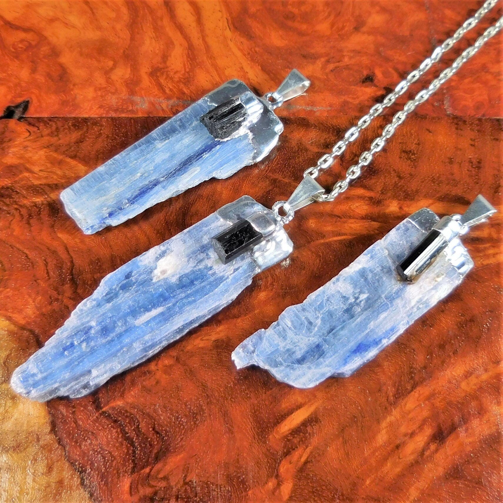Blue Kyanite & Tourmaline Crystal Pendant (Silver Plated) Gemstone Jewelry Necklace Charm Supply Amazing Crystals