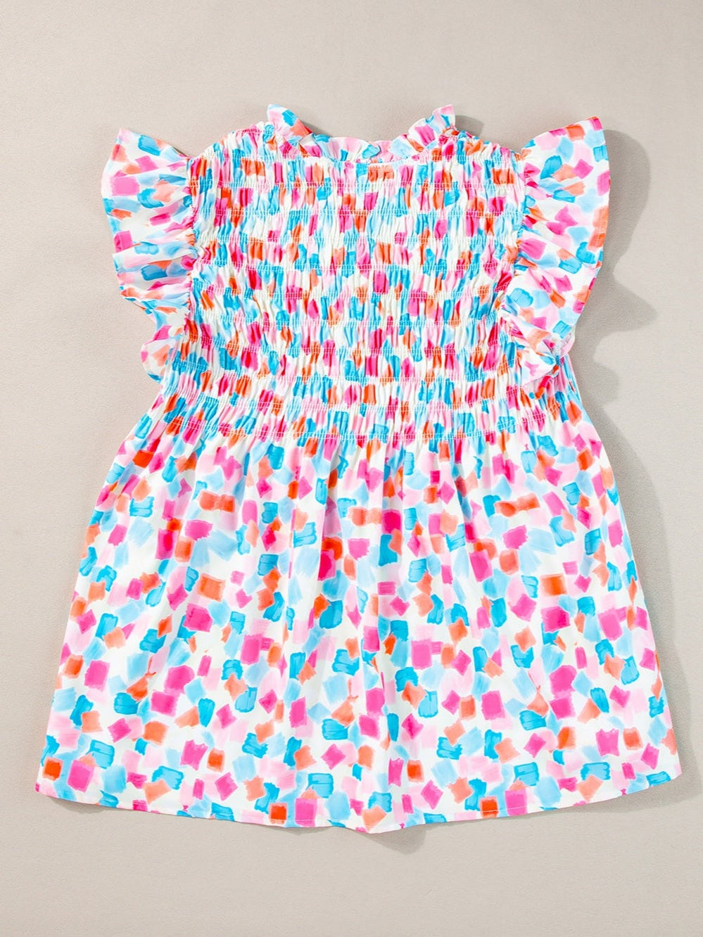 Women Ruffled Printed Notched Cap Sleeve Blouse NicholesGifts