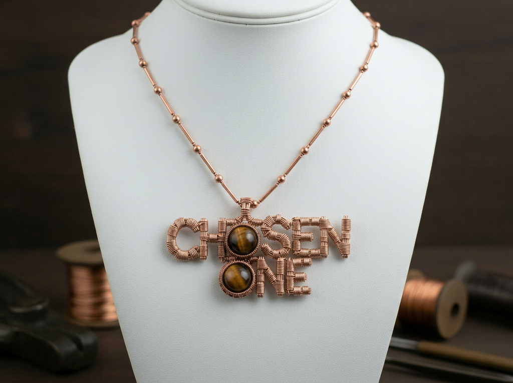 Custom copper wire wrapped chosen one statement necklace with tigers eye crystals￼ The Vibez Shop