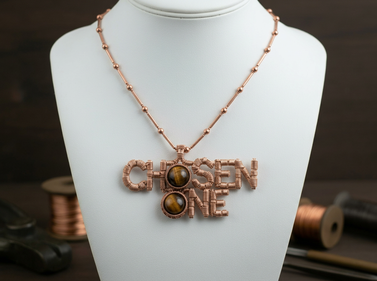 Custom copper wire wrapped chosen one statement necklace with tigers eye crystals￼ The Vibez Shop