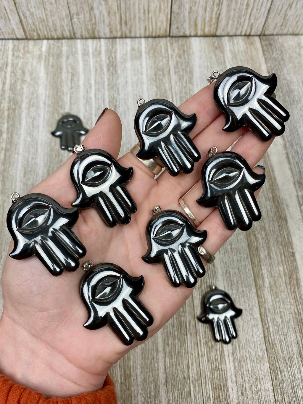 Hematite Hamsa Pendant Curious Muse Crystals
