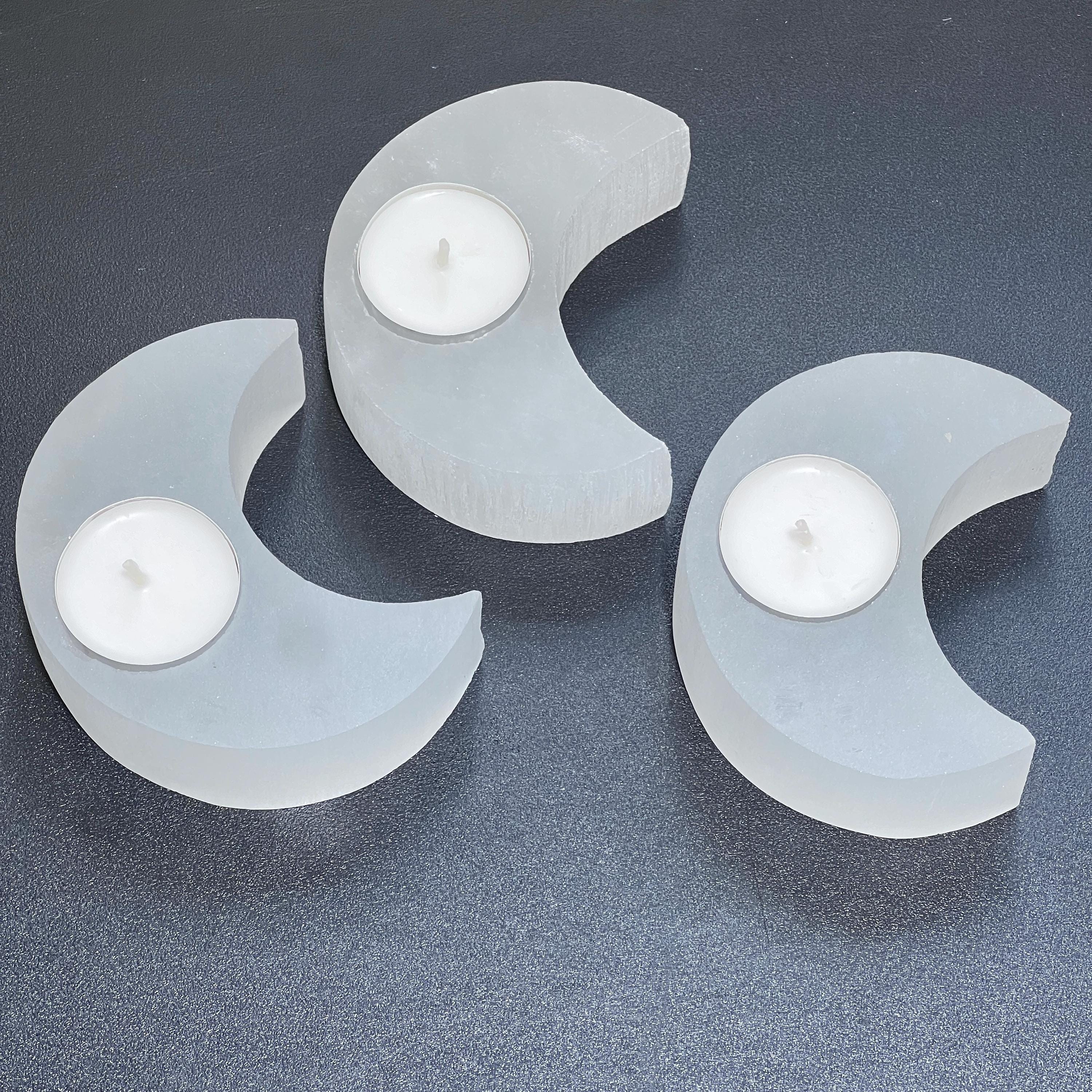 Selenite Crystal Crescent Moon Tealight Candle Carving Gemstone Home Decor Amazing Crystals