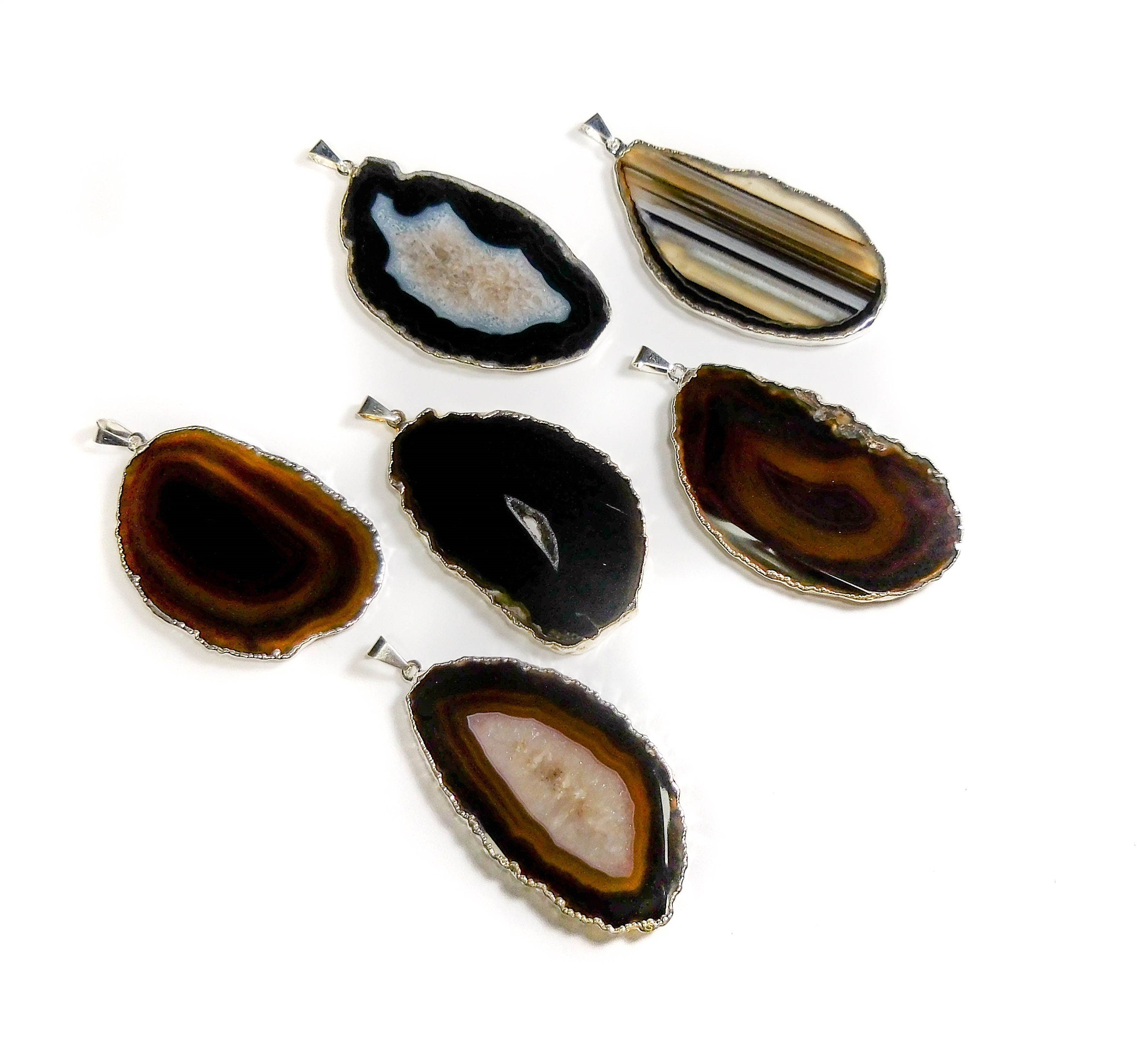 Agate Slice Pendants (Black / Brown)(Silver Edges) Wholesale Amazing Crystals
