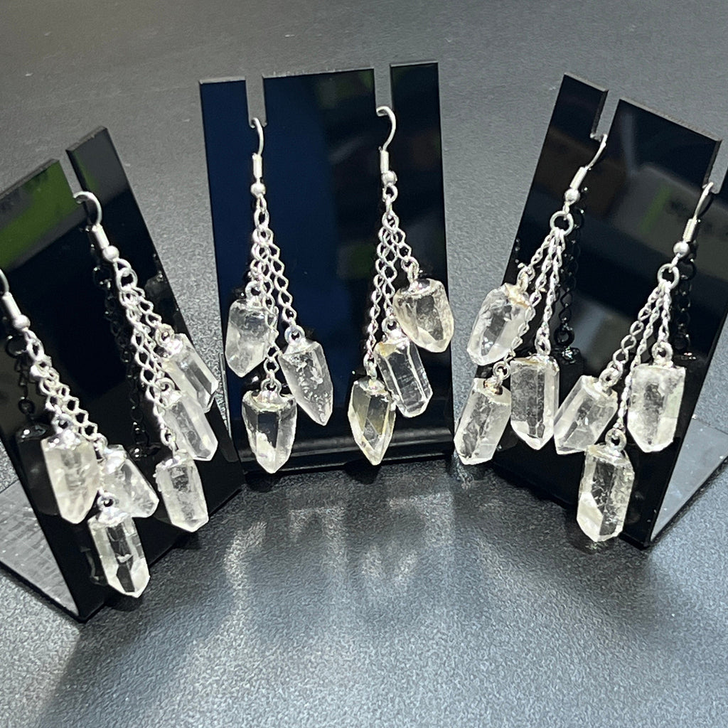 Quartz Crystal Long Earrings Pair (Silver Plated) Triple Dangle Jewelry Amazing Crystals