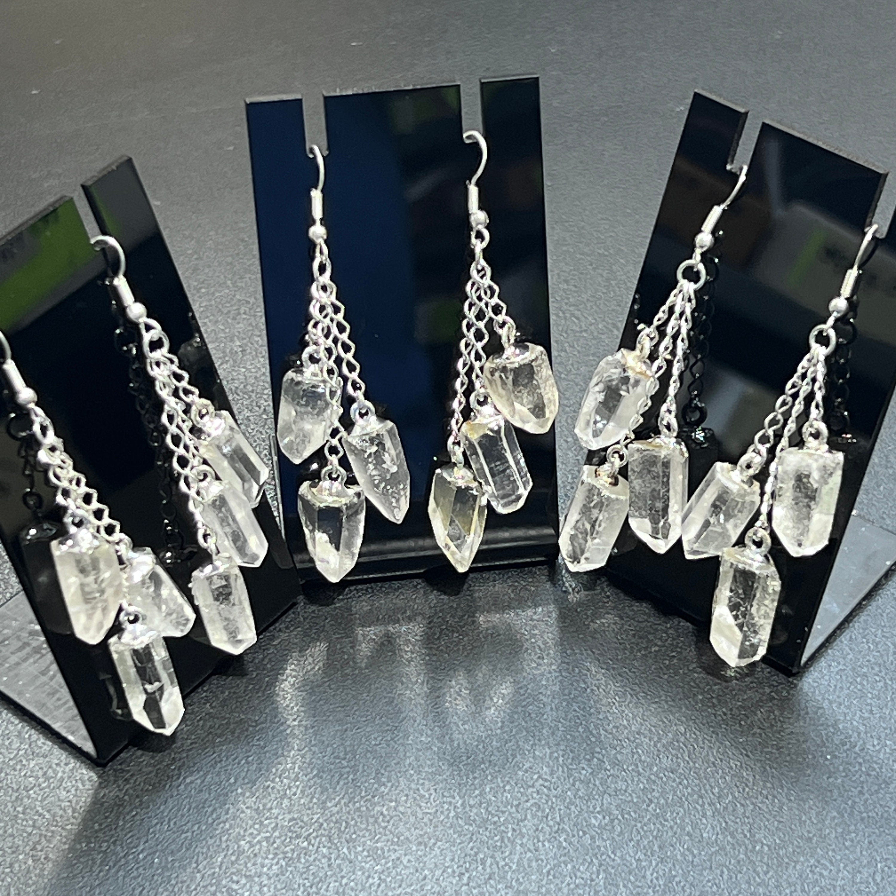 Quartz Crystal Long Earrings Pair (Silver Plated) Triple Dangle Jewelry Amazing Crystals