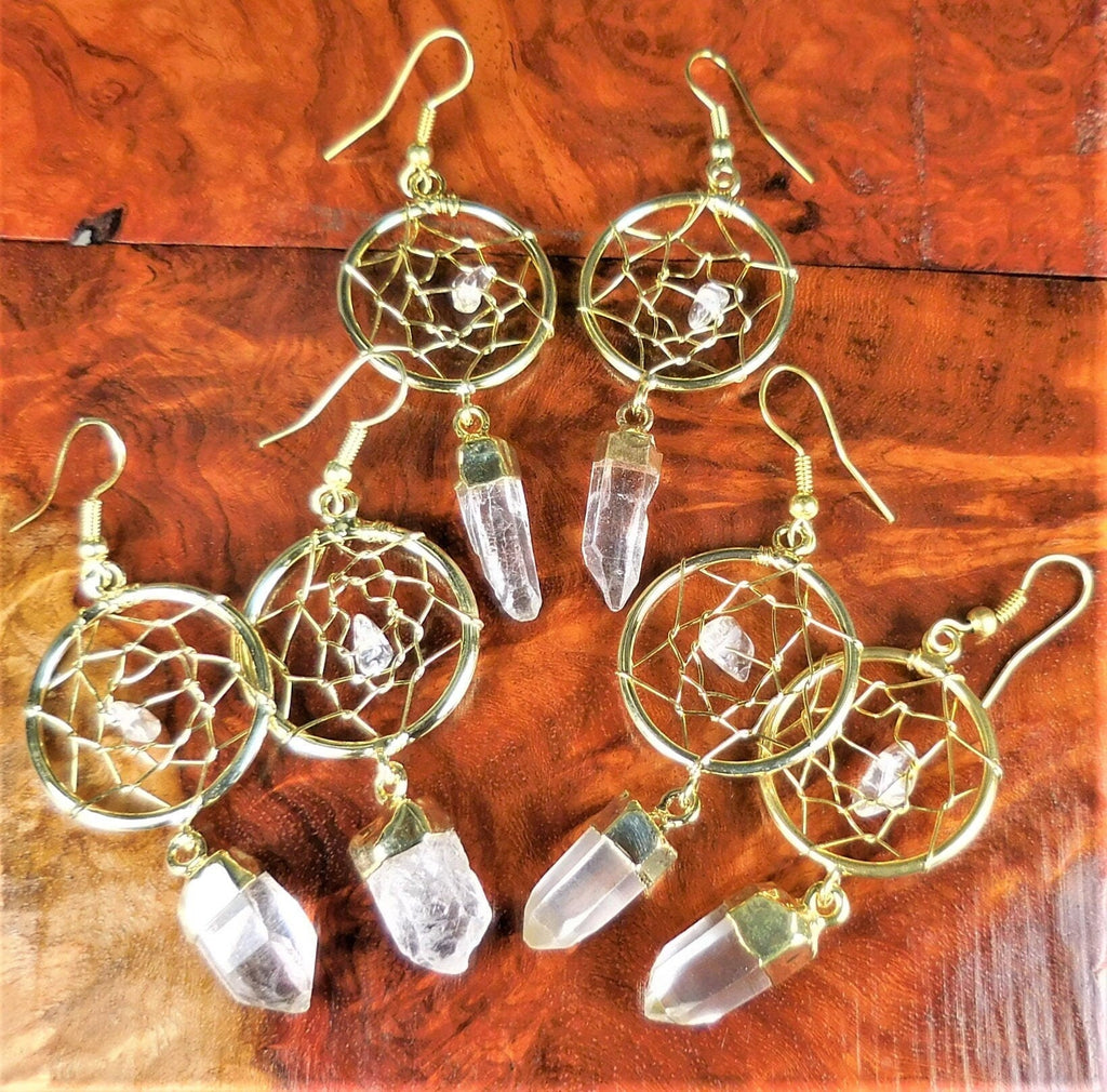 DreamCatcher Earrings Pair (Quartz Crystal)(Gold Plated)(Stainless Steel Hooks) Gemstone Jewelry Supply Amazing Crystals