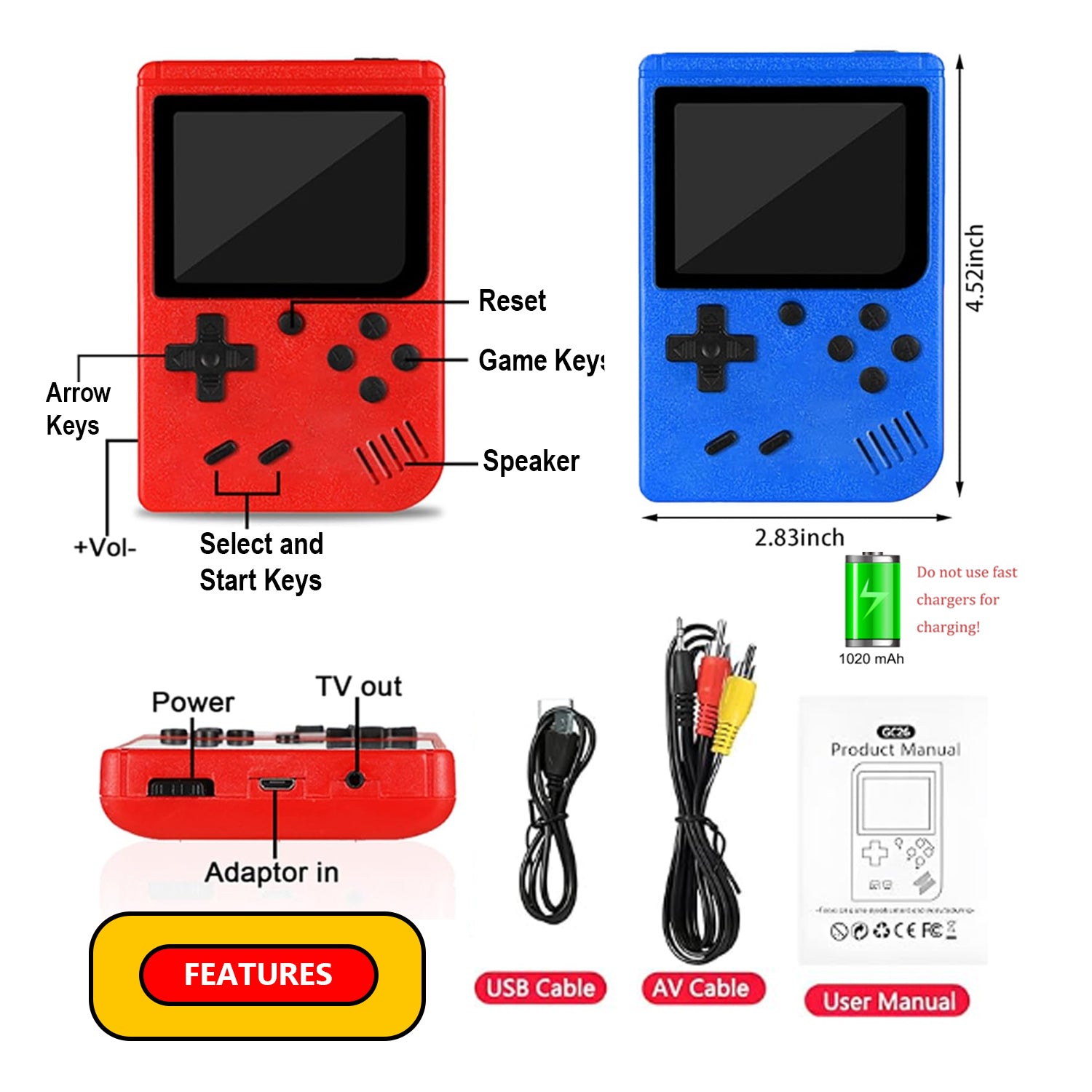 2 Pack Handheld Games for Kids Console 400 Retro Video Games, Portable Gaming Player Mini Arcade Electronic Toy Gifts for Boys Girls 2 Pack The Noodley