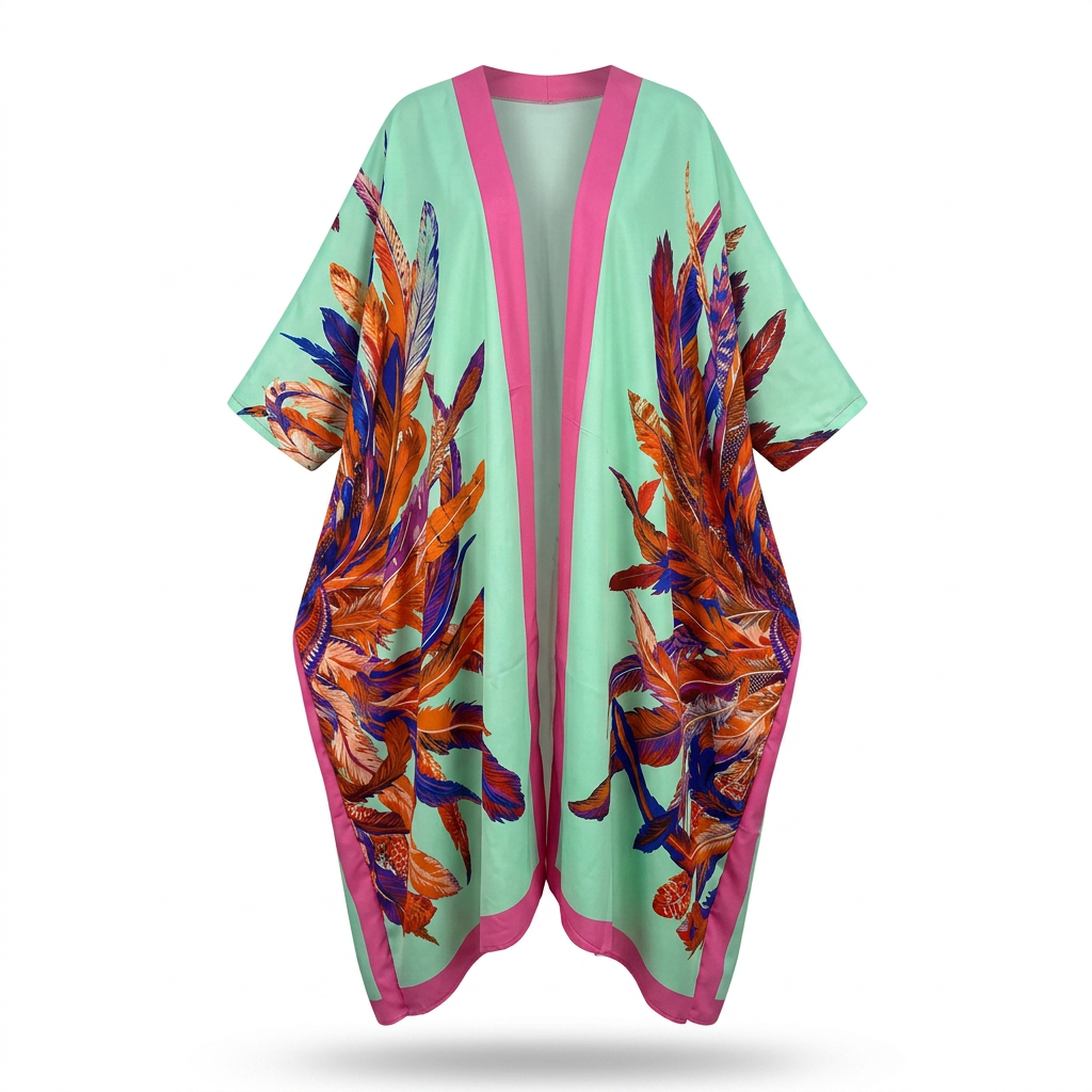 Vibrant Feather Print Kimono Boho Brown