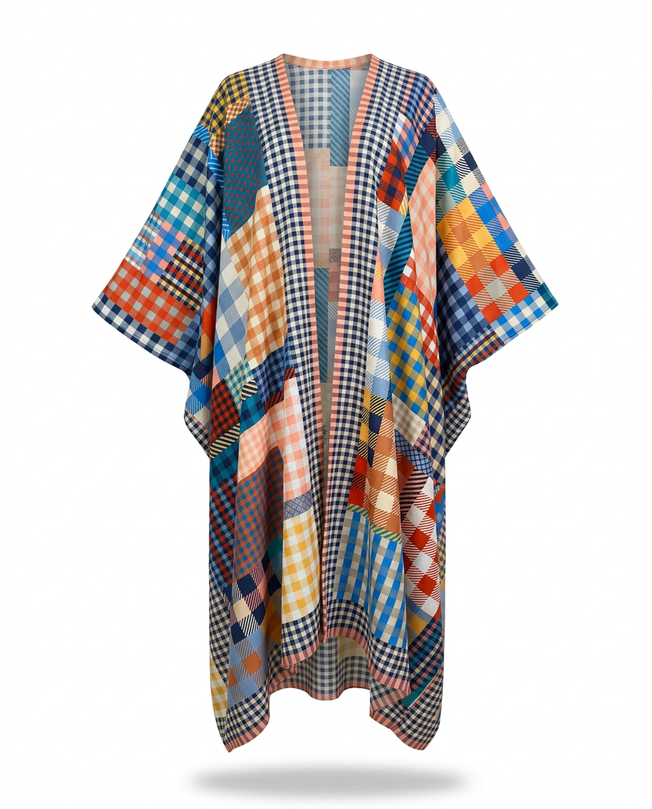 Vibrant Patchwork Kimono Maxi Dress Boho Brown