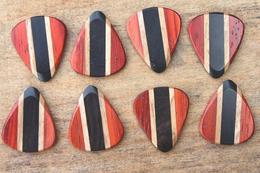 Padauk, Teak, & Ebony Wood Guitar Or Bass Pick - 3.0 mm Ultra Heavy Gauge - 351 Wedge Shape - Natural Finish Handmade Specialty Exotic Plectrum Exotic Plectrums