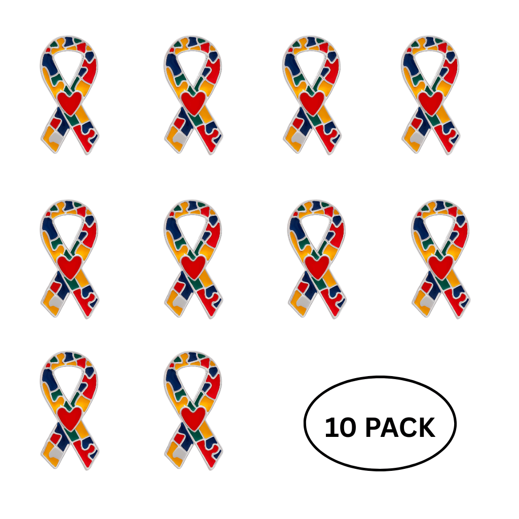10 Pack Autism Puzzle Ribbon with Heart Pins The Awareness Company