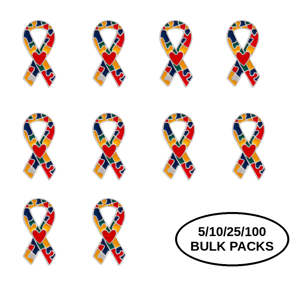 5/10/25/100 Pack Autism Puzzle Ribbon with Heart Pins The Awareness Company
