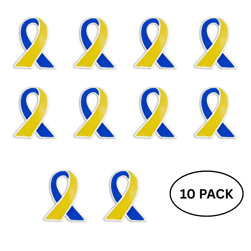10 Pack Blue & Yellow Ribbon Lapel Pins The Awareness Company