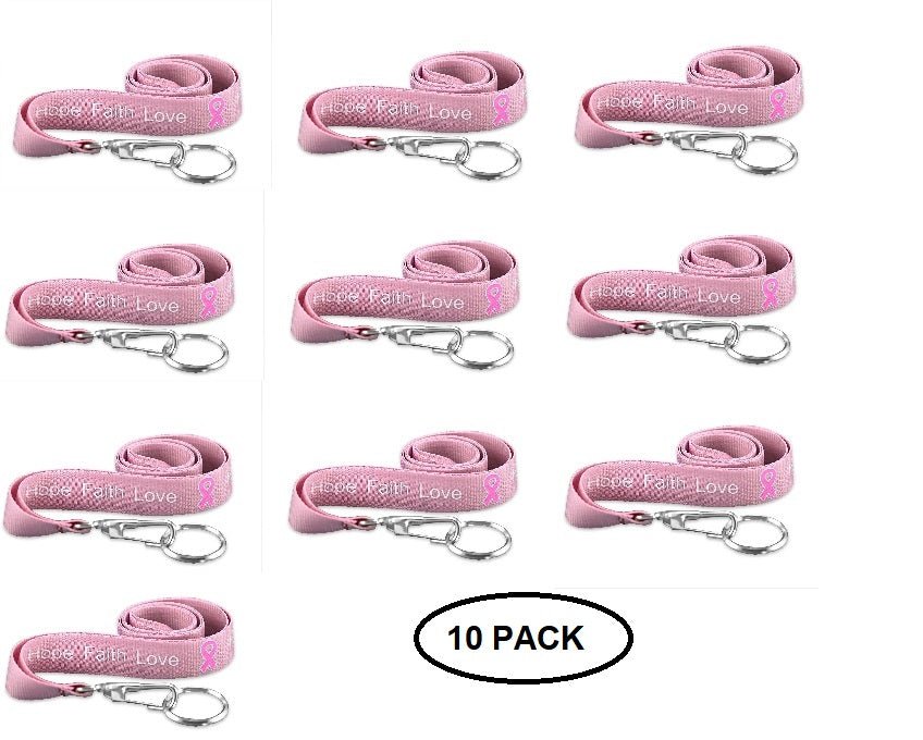 10 Pack Breast Cancer Pink Ribbon Hope Faith Love Lanyards The Awareness Company
