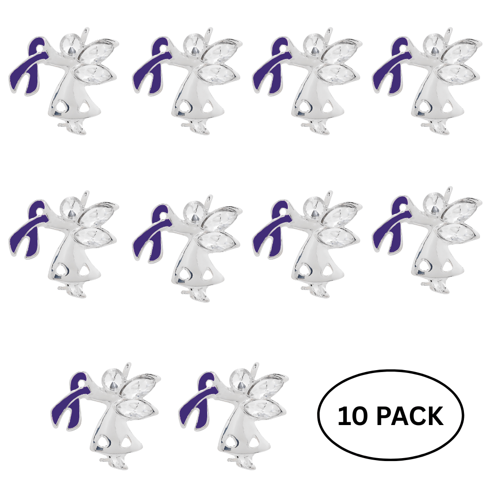 10 Pack Purple Ribbon Angel By My Side Pins The Awareness Company