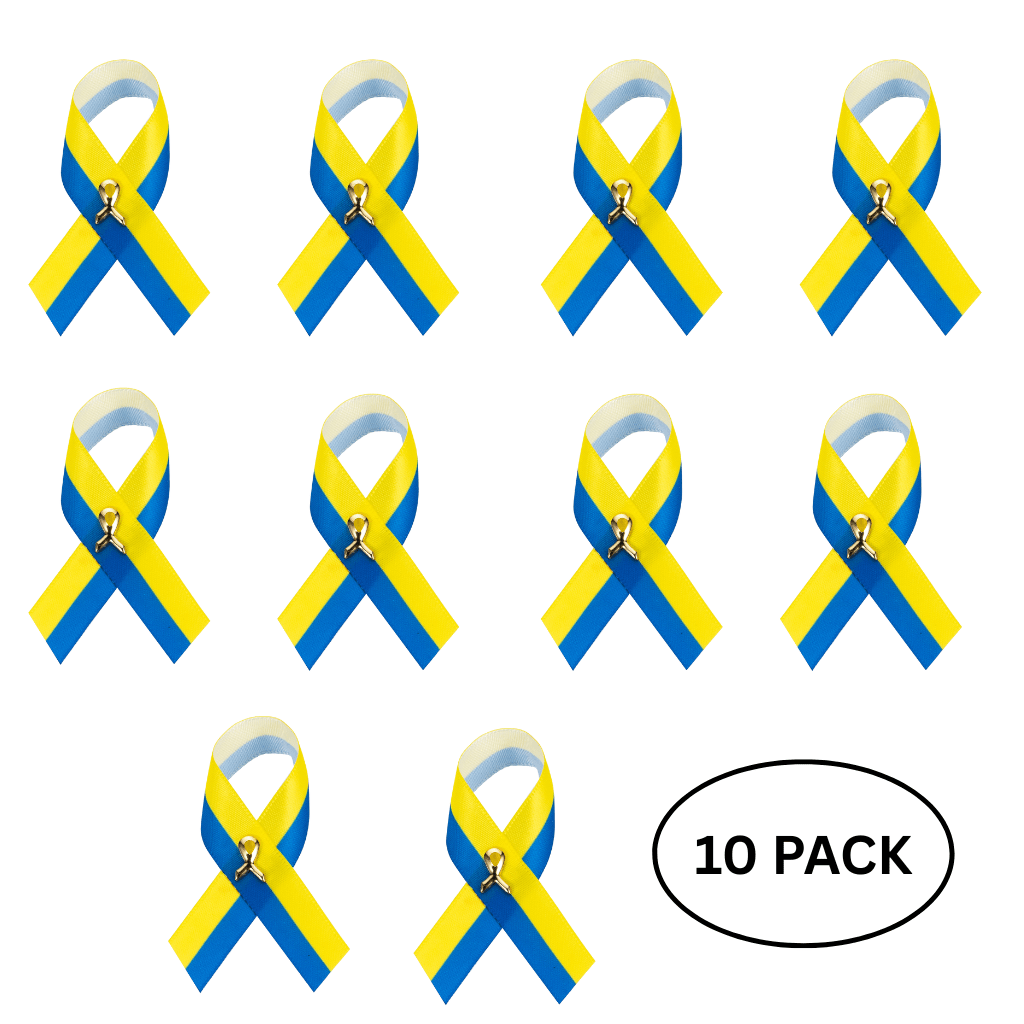 10 Pack Satin Blue & Yellow Ribbon Pins The Awareness Company