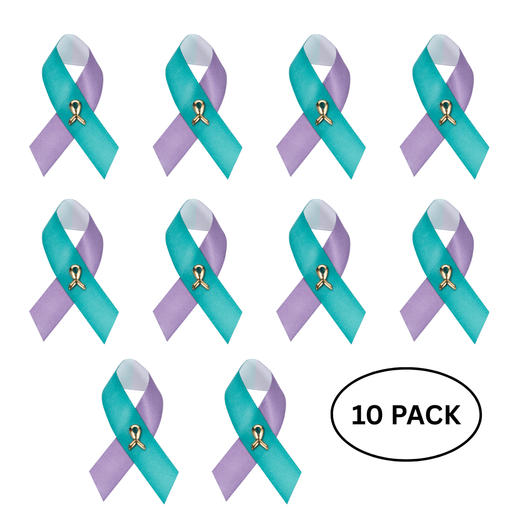 10 Pack Satin Teal & Purple Ribbon Pins for Suicide & Sexual Assault The Awareness Company