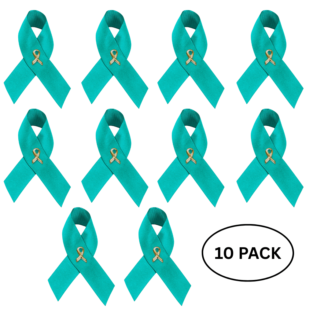 10 Pack Satin Teal Ribbon Pins for Ovarian Cancer, PTSD, Rape The Awareness Company