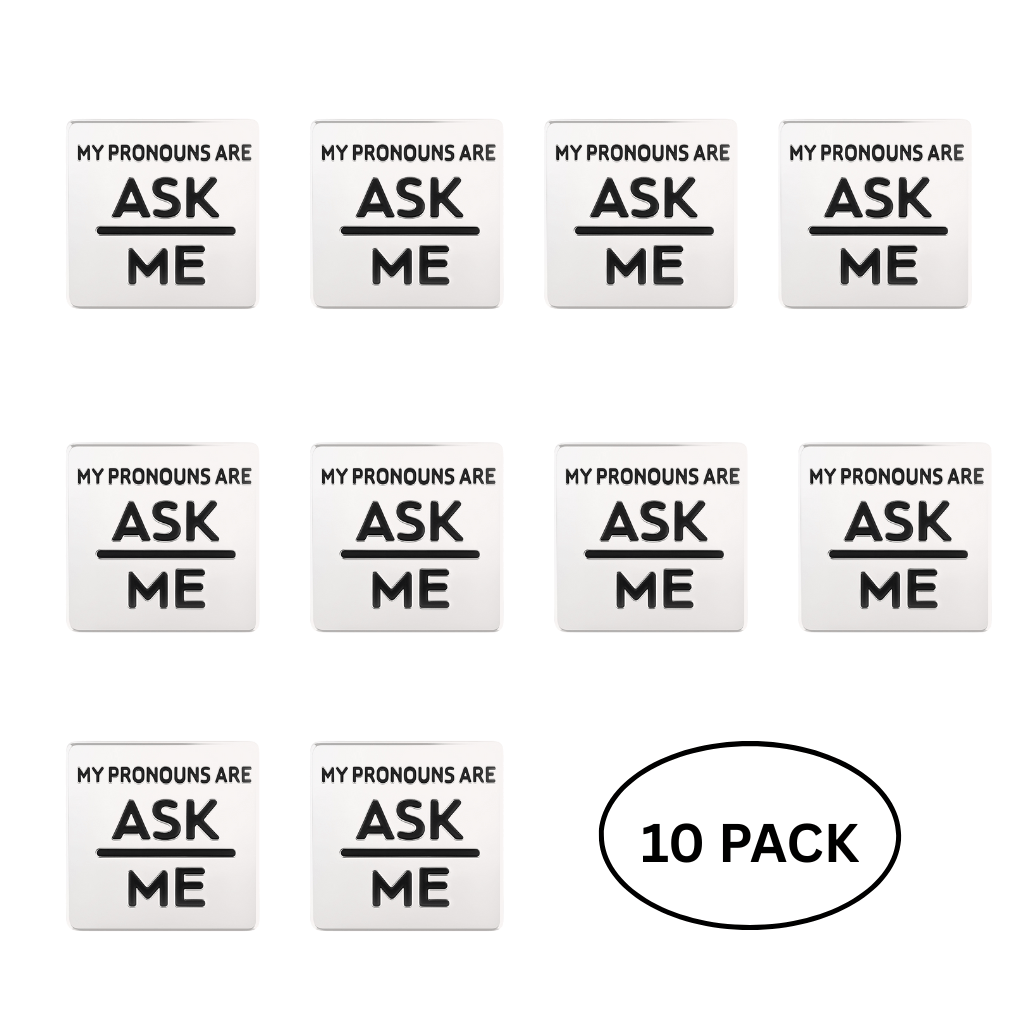 10 Pack Silver Square My Pronouns Are Ask Me Pins The Awareness Company