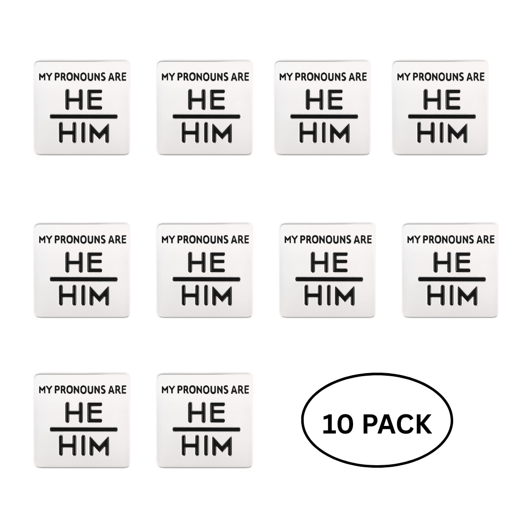 10 Pack Silver Square My Pronouns Are He Him Pins The Awareness Company