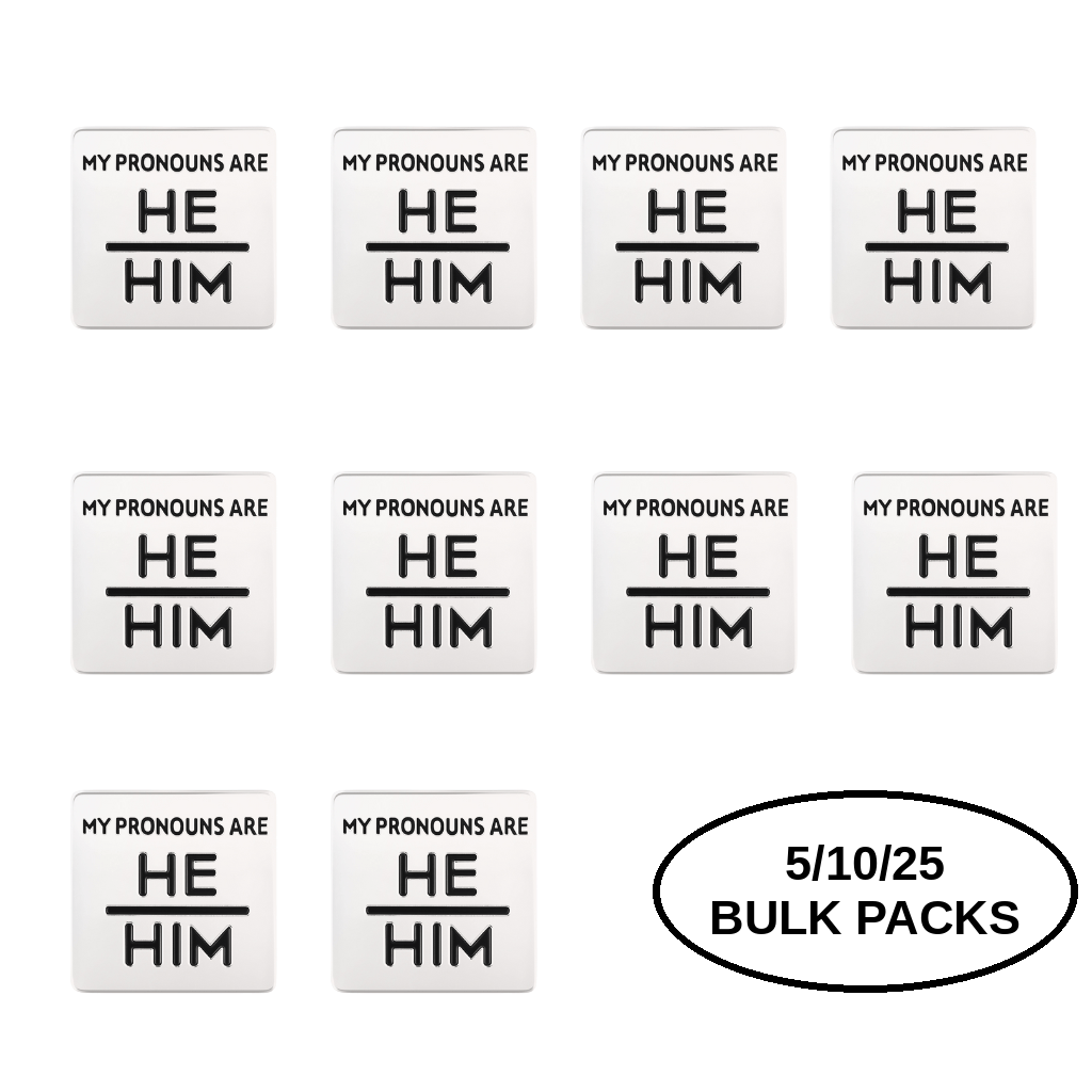 5/10/25/100 Silver Square My Pronouns Are He Him Pins The Awareness Company