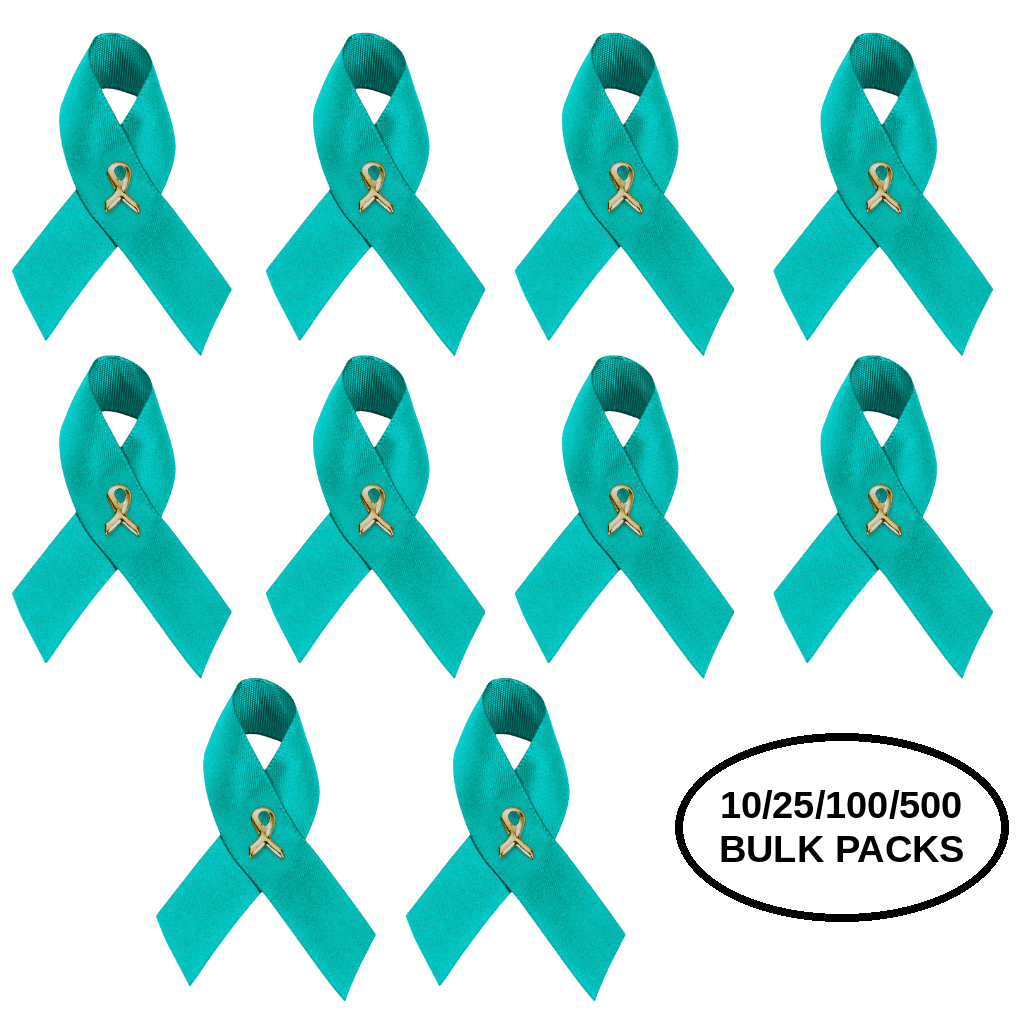 10/25/100/500 Pack Satin Teal Ribbon Pins for Ovarian Cancer, PTSD, Rape The Awareness Company