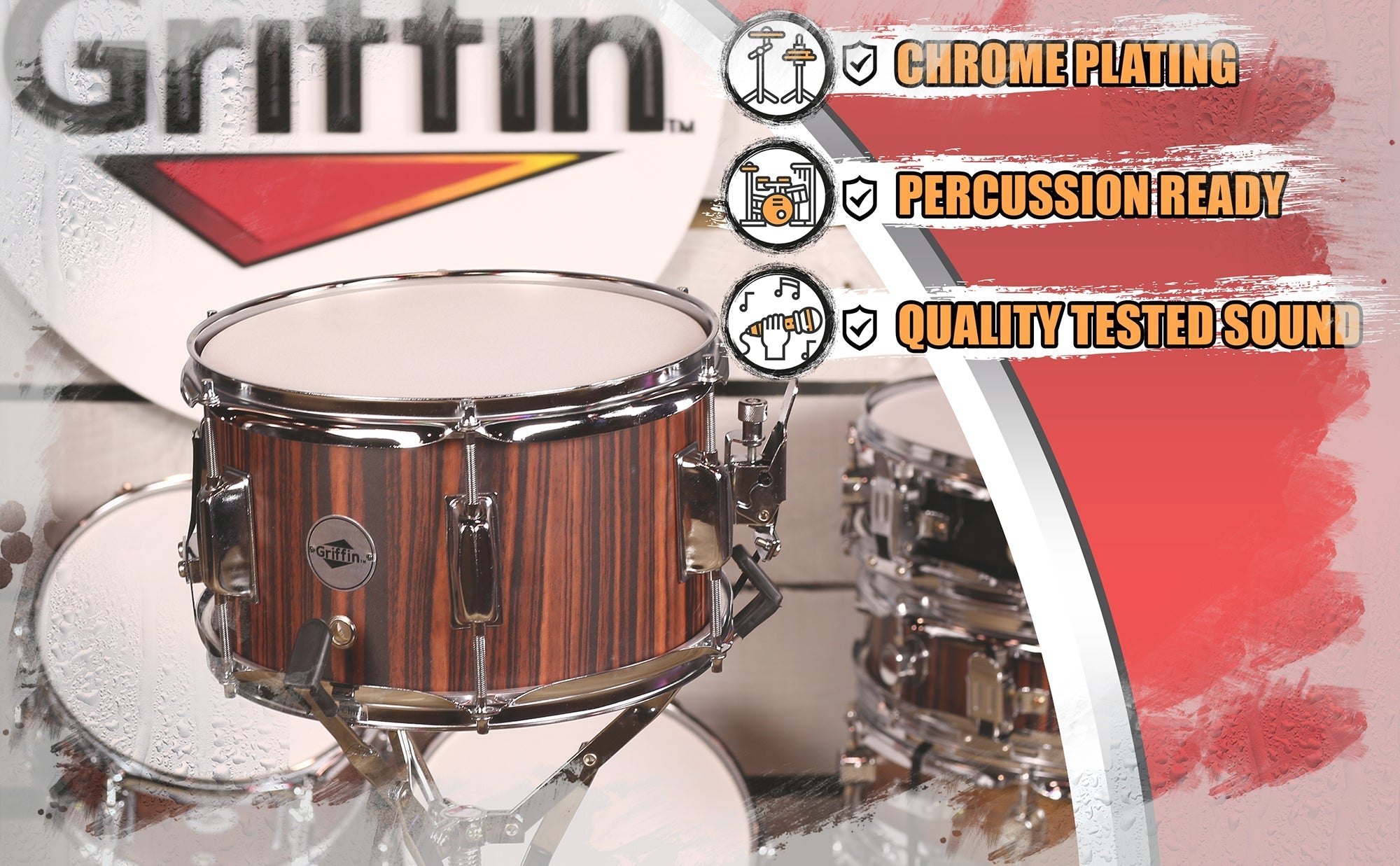 GRIFFIN Firecracker Snare Drum - Acoustic Popcorn 10" x 6" Poplar Mini Wood Shell & Black Hickory PVC - Concert Marching Percussion Musical Instrument GeekStands.com