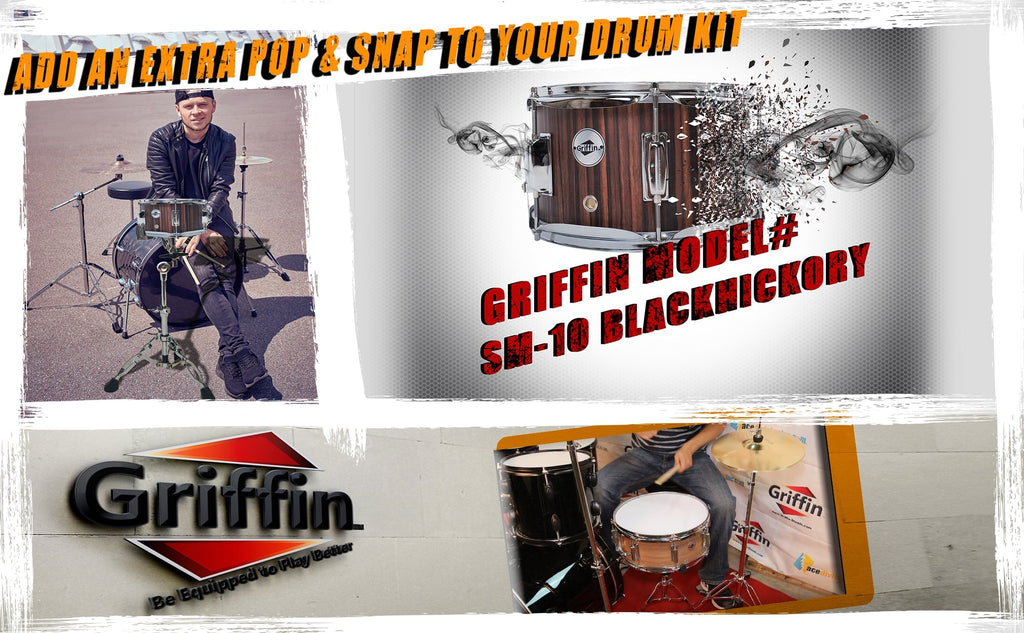 GRIFFIN Firecracker Snare Drum - Acoustic Popcorn 10" x 6" Poplar Mini Wood Shell & Black Hickory PVC - Concert Marching Percussion Musical Instrument GeekStands.com