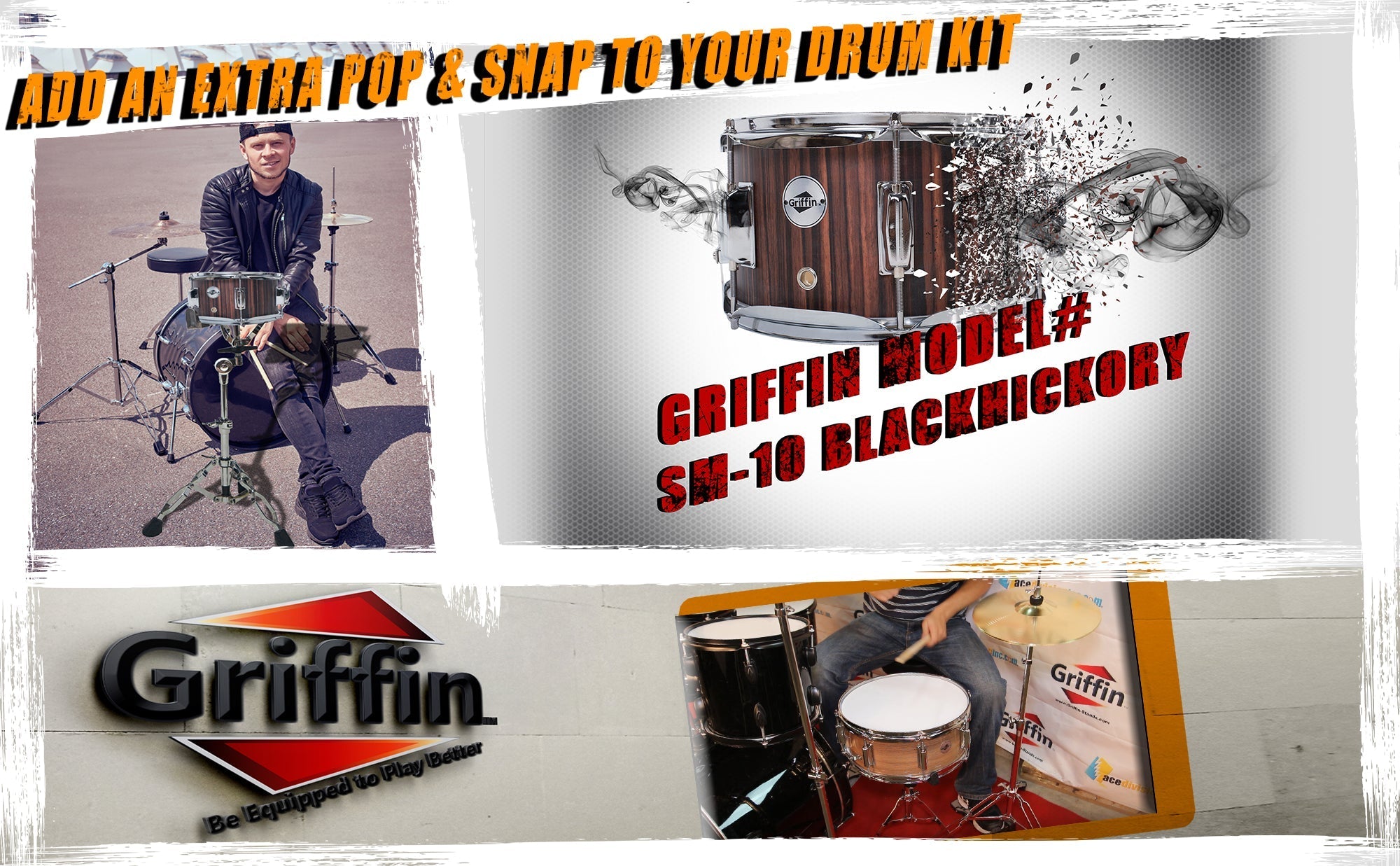 GRIFFIN Firecracker Snare Drum - Acoustic Popcorn 10" x 6" Poplar Mini Wood Shell & Black Hickory PVC - Concert Marching Percussion Musical Instrument GeekStands.com