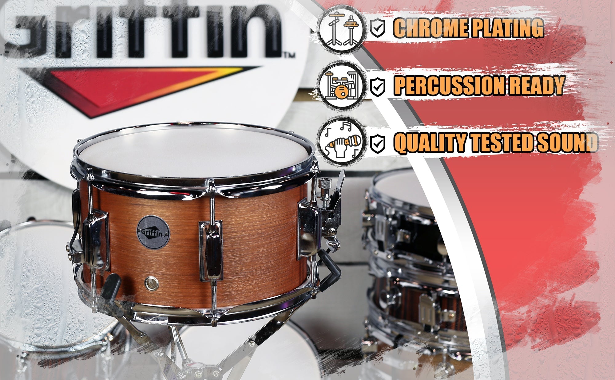 Popcorn Snare Drum by GRIFFIN - Soprano Firecracker 10" x 6" Poplar Wood Shell with Hickory PVC - Concert Percussion Musical Instrument Drummers Key GeekStands.com