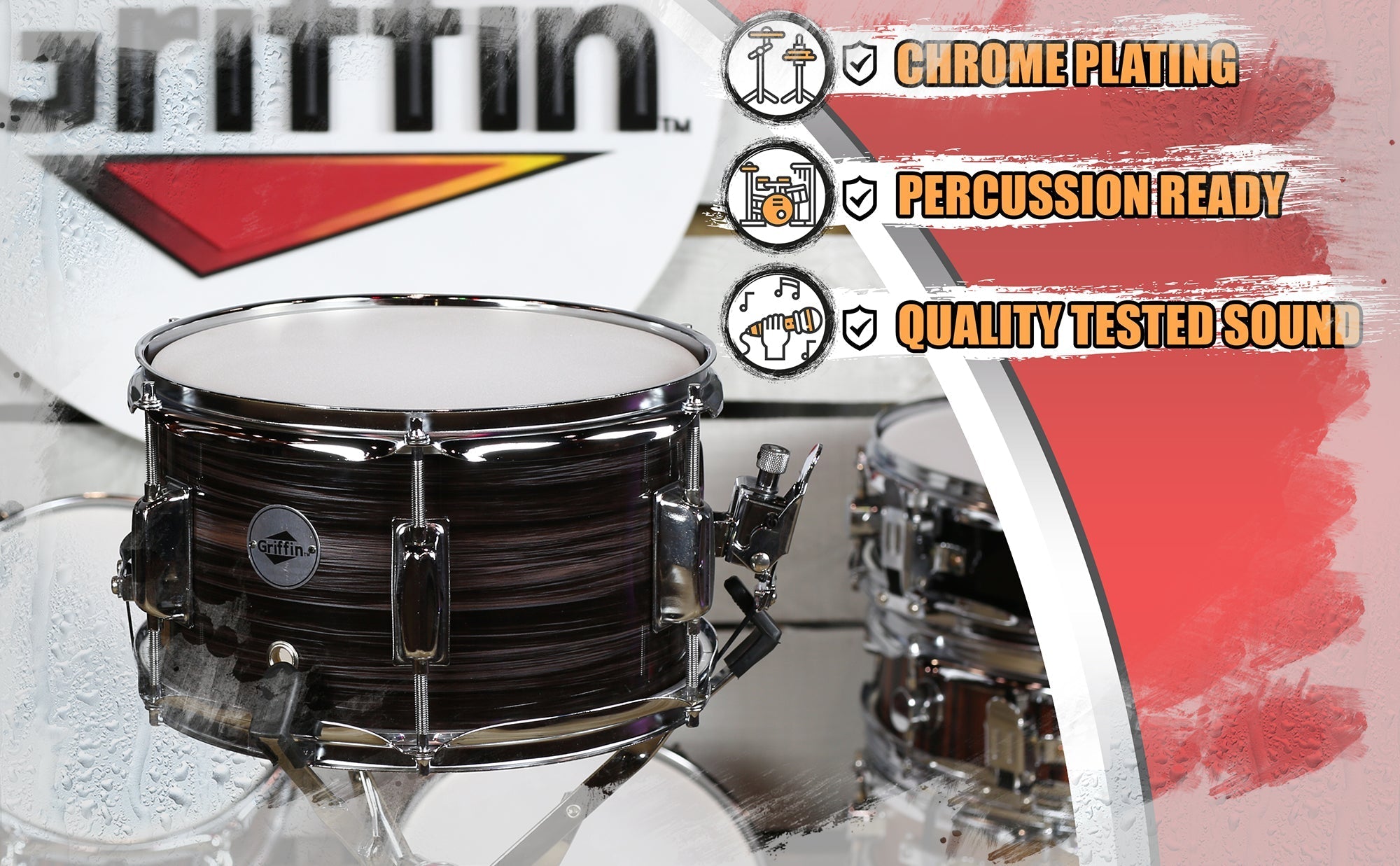 Popcorn Snare Drum by GRIFFIN - Firecracker Acoustic 10" x 6" Poplar Shell with Zebra Wood PVC - Soprano Mini Concert Marching Percussion Instrument GeekStands.com