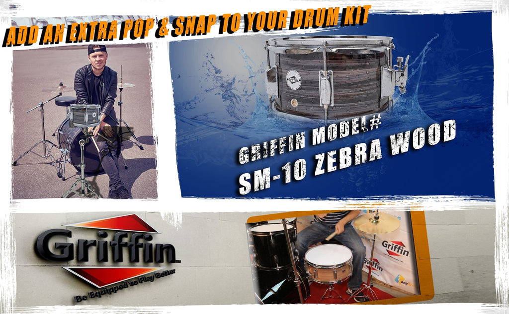 Popcorn Snare Drum by GRIFFIN - Firecracker Acoustic 10" x 6" Poplar Shell with Zebra Wood PVC - Soprano Mini Concert Marching Percussion Instrument GeekStands.com