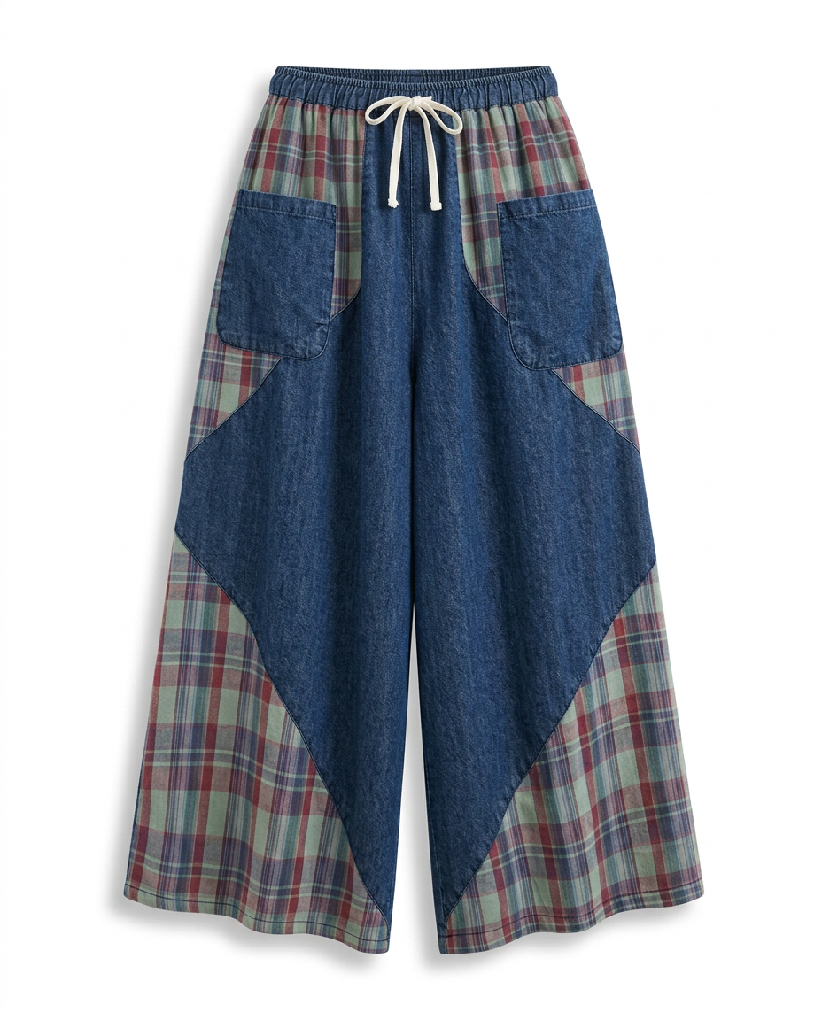 Unique Patchwork Wide Leg Trousers Boho Brown