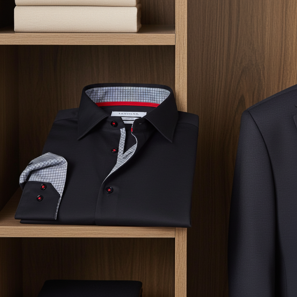 Donny// Cotton Knit-Stretch Button-Up Shirt With Contrast Details // Black // Tailored Fit (Fitted) LEVINAS® Official
