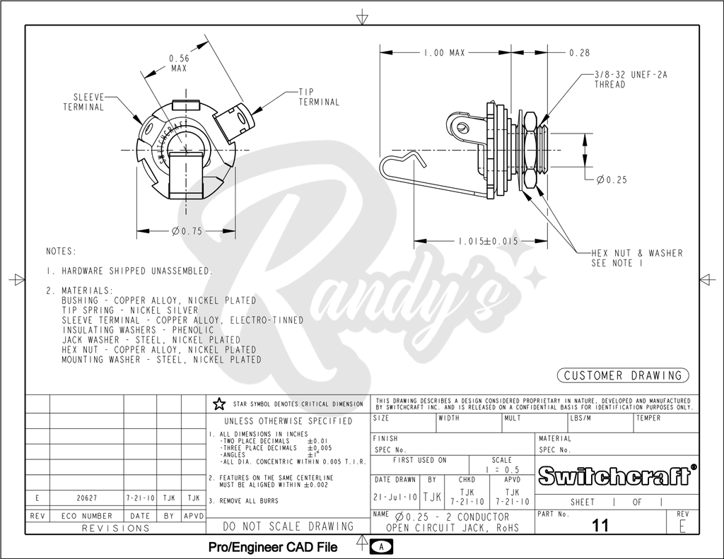 ¼" #11 Input Jack (Mono) - Fits Gibson® Randy's LLC