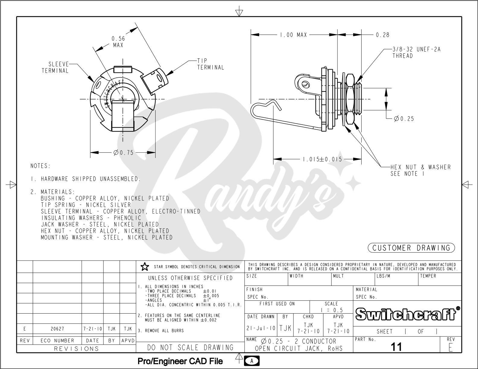 ¼" #11 Input Jack (Mono) - Fits Gibson® Randy's LLC