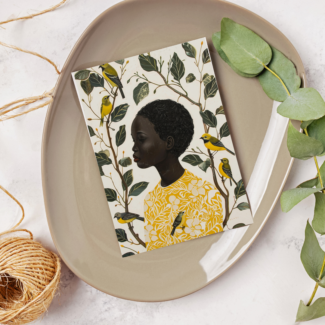 Black Girl Art Postcard - Of Bird and Bloom - Botanical Elegance Black Magic Social Club