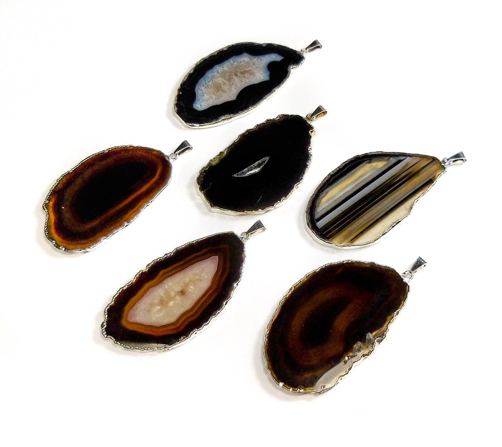 Agate Slice Pendants (Black / Brown)(Silver Edges) Wholesale Amazing Crystals