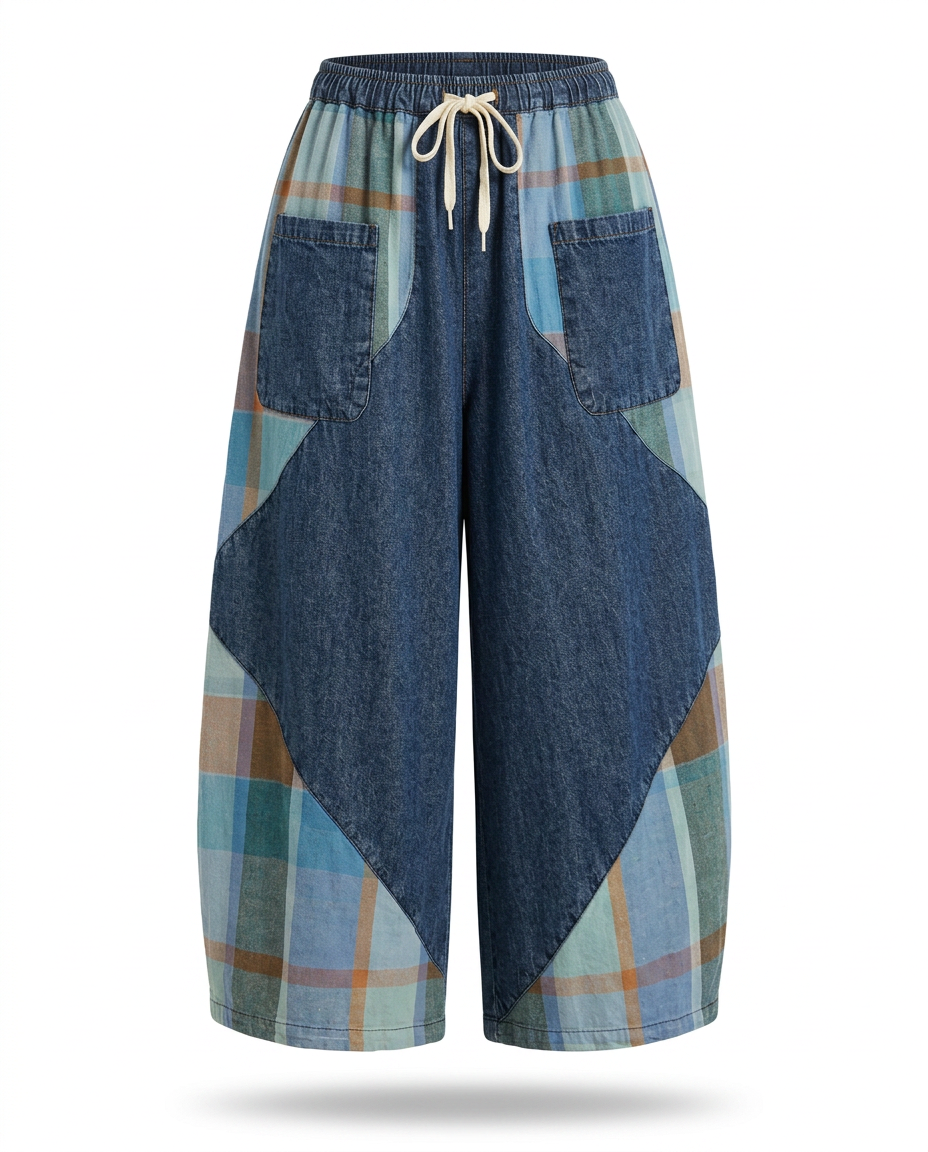 Unique Patchwork Wide Leg Trousers Boho Brown