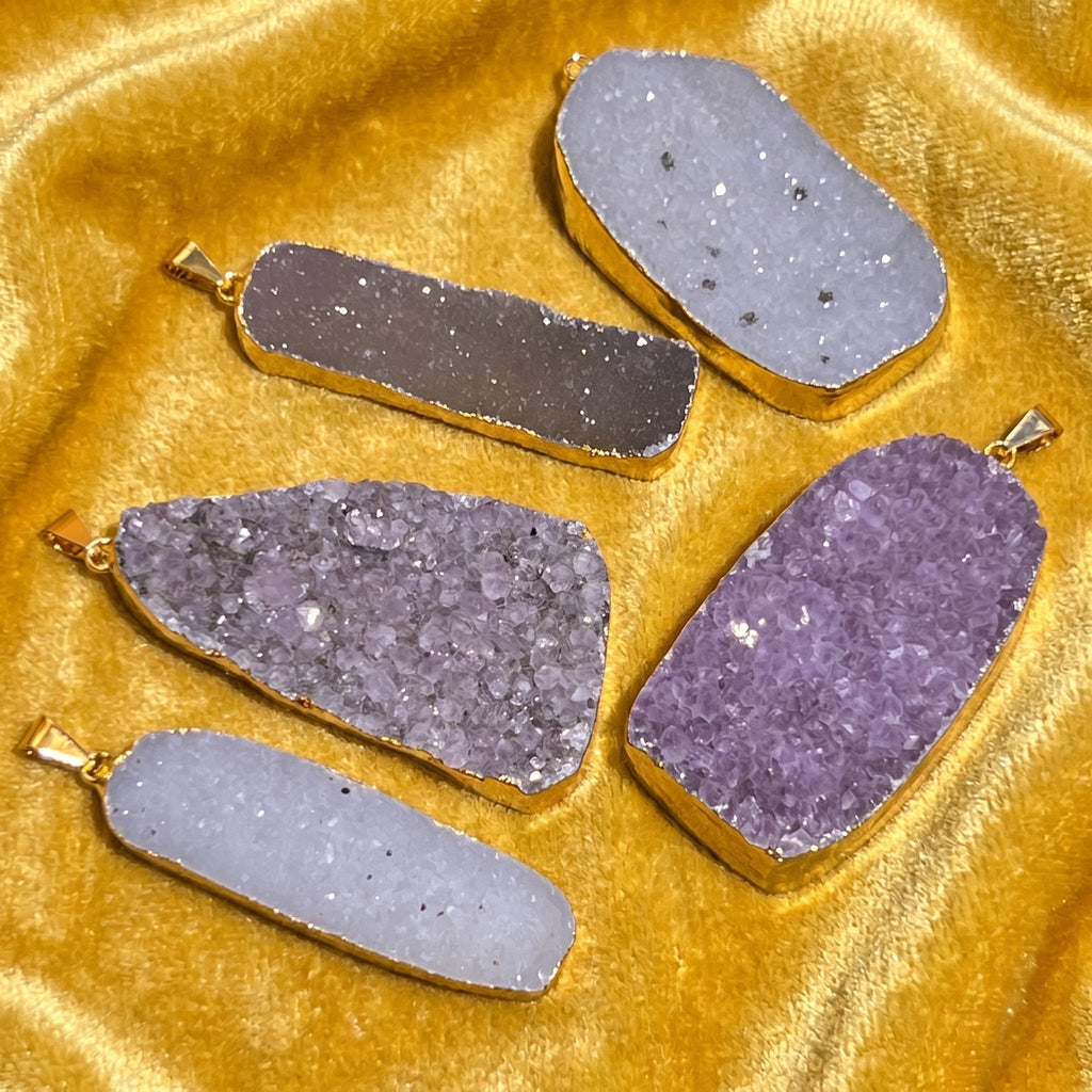 Large Agate and Amethyst Druzy Crystal Statement Pendants (Gold Plated) Amazing Crystals