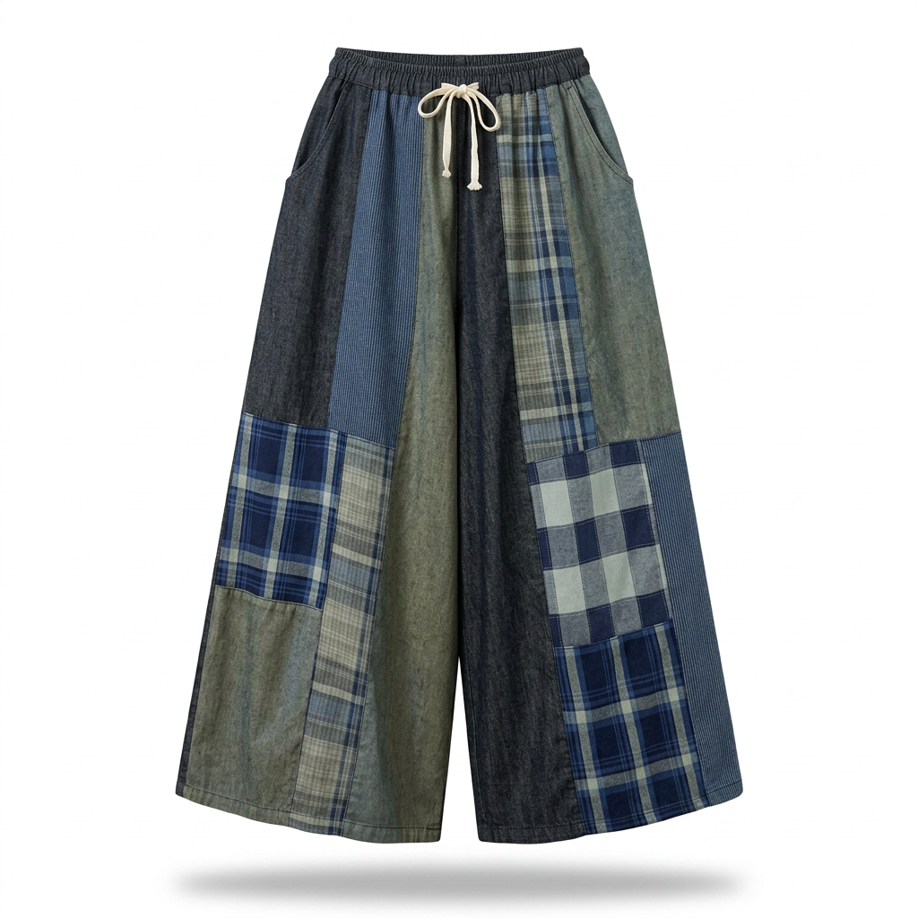 Unique Patchwork Wide Leg Trousers Boho Brown