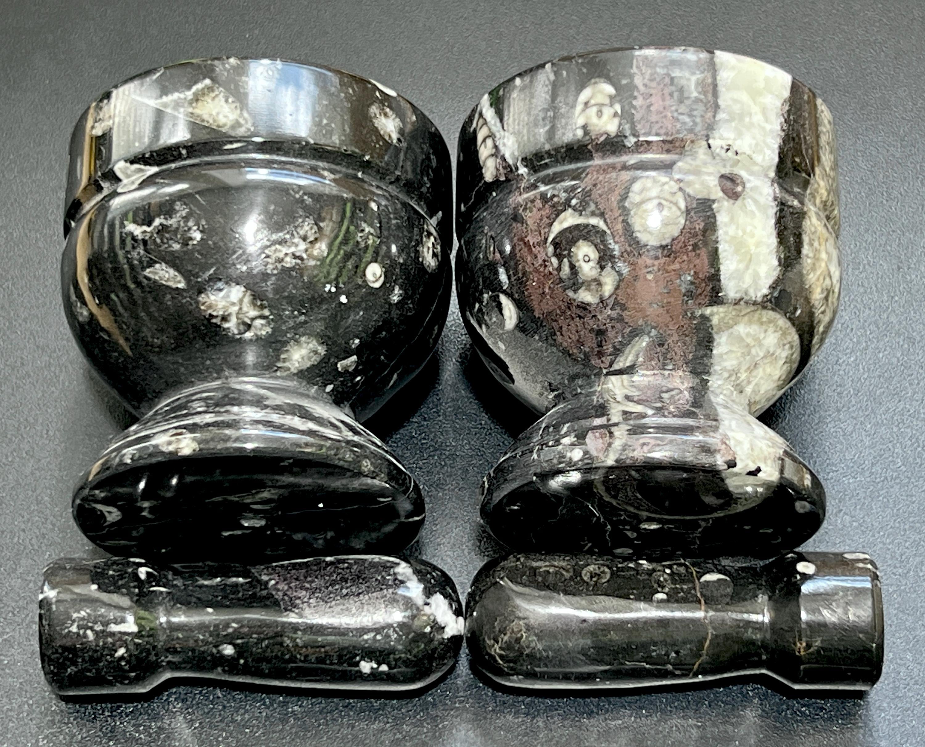 Orthoceras Mortar and Pestle Set (Mortar + Pestle) Polished Black Fossil Stone Carving Grinder Mixer Amazing Crystals
