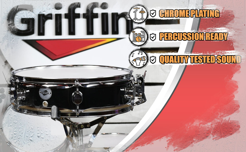 Piccolo Snare Drum 13" x 3.5" by GRIFFIN - 100% Poplar Wood Shell with Black PVC & White Coated Drum Head - Drummers Acoustic Marching Kit Percussion GeekStands.com